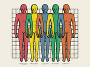 Five colorful human body figures in red, yellow, blue, green, and orange standing against a grid background, illustrated in a retro halftone style.