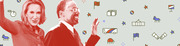 Editorial illustration showing two political figures in red tones against a light background scattered with political icons like flags, stars, a White House, and a campaign bus.