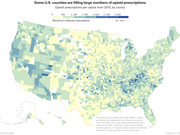 Choropleth map of the US showing opioid prescriptions per capita in morphine milligram equivalents by county in 2015, with darker blue indicating higher rates especially in Appalachia.