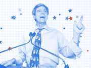 Blue-tinted editorial illustration of a politician speaking at a podium with red and blue stars scattered on a grid background.