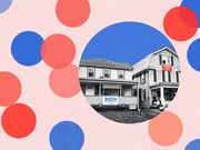 Editorial illustration showing neighboring houses with Biden and Trump 2020 campaign signs, surrounded by red and blue decorative circles on a pink background.