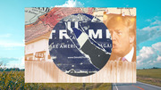 Editorial collage featuring a torn Trump campaign sign, a photo of Donald Trump, a historical map of Cleveland, suburban and rural landscape photos.