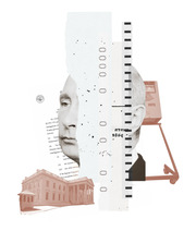 Editorial collage illustration featuring a man's face, legal document text, the White House, a voting booth, and film strip elements in black and pink tones.