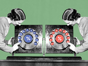 Editorial collage showing two mirrored vintage women operating rotary dials labeled with letter grades and percent symbols in blue and red.
