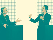 Stylized duotone editorial illustration of two men in suits facing each other at podiums, gesturing during what appears to be a political debate.