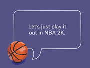 A pixel-art basketball with a speech bubble saying Let's just play it out in NBA 2K on a purple background.