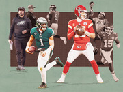Editorial collage illustration featuring Philadelphia Eagles and Kansas City Chiefs players and coaches, including quarterbacks in uniform numbers 1 and 15, for a Super Bowl preview.