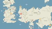 Illustrated fantasy map of the Game of Thrones world showing Westeros and Essos with labeled locations including King's Landing, Braavos, Pentos, and the Dothraki Sea.