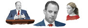 Editorial illustration showing three figures including a man at a White House podium, a man in a blue suit with red tie, and a woman in red, rendered in a stylized black-and-white with color accents.