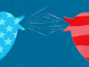Two Twitter bird logos facing each other beak-to-beak, one decorated with blue stars and one with red stripes, symbolizing political conflict on social media.