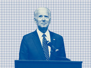 Blue-tinted editorial illustration of a man in a suit speaking at a podium, set against a grid paper background.
