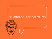 Orange editorial illustration of a cartoon face with glasses and a speech bubble containing the hashtag #EmbraceTheUncertainty