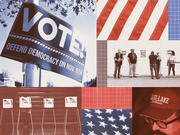 Editorial photo collage in red, white, and blue showing voting signs, polling booths, voters in line, an American flag, and a Kari Lake for Governor hat.