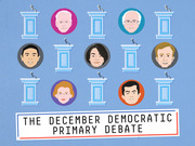 Editorial illustration showing six illustrated candidate portraits at debate podiums for the December Democratic Primary Debate.