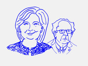 Blue line drawing illustration of two political figures, a smiling woman in the foreground and an older man with glasses in the background.