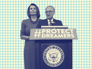 Stylized blue-tinted editorial photo of two politicians at a US Congress podium bearing a #ProtectDreamers sign, set against a blue grid background.