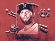 Red-tinted editorial illustration of a bearded baseball player wearing a Boston Red Sox cap, framed in a Hall of Fame plaque style with crossed bats and baseballs.
