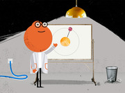 Cartoon illustration of an orange blob scientist in a lab coat pointing to a whiteboard showing a planet with an orbiting moon, set in a dark space-themed room.