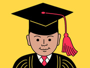 Cartoon illustration of a person wearing a black graduation cap and gown with a red tassel and tie on a yellow background.