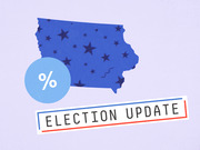 Editorial illustration showing a blue star-patterned silhouette of Iowa with a percentage symbol badge and an Election Update label.