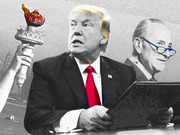 Editorial photo collage showing Donald Trump in the foreground with a red tie, Chuck Schumer to the right, and the Statue of Liberty torch on the left, in grayscale with selective color.