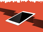 Editorial illustration of a white tablet device bridging a deep crack in a red surface, with a Washington DC skyline silhouette in the background.