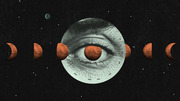 Surreal editorial collage showing a giant human eye with Mars as its pupil, surrounded by phases of Mars and a measurement dial, set against a starry black background.