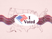 Editorial illustration featuring an I Voted sticker with an American flag over an outline map of the United States, with red, white, and blue ribbon waves.