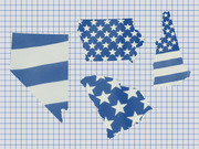 Four US state silhouettes filled with American flag stars and stripes patterns in blue and white on a grid background, representing early primary or caucus states.