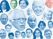 Collage of political candidate faces sized by polling prominence, showing 2020 Democratic presidential hopefuls plus one Republican, with Bernie Sanders and Joe Biden largest.