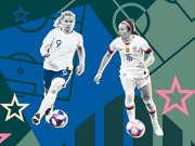Editorial illustration showing two women's soccer players in action, one wearing jersey number 9 and another wearing USA jersey number 16, against a colorful geometric background with stars.