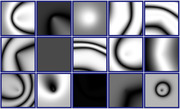 A 5x3 grid of abstract grayscale images showing various smooth gradient patterns, curves, and contour lines in black and white.