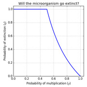 Line chart showing probability of extinction (q) versus probability of multiplication (p) for a microorganism, with extinction certain below p=0.5 and declining to zero at p=1.0.