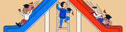 Editorial illustration showing three children in graduation caps on playground slides and a ladder, symbolizing educational success and failure.