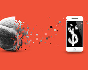 Editorial illustration showing a brain dissolving into pixels that flow into a smartphone displaying a dollar sign, on a red background.