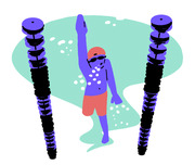 Editorial illustration of a stylized purple swimmer in red shorts and goggles raising one arm, flanked by two tall stacks of coins or discs.