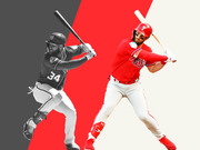 Editorial illustration showing Bryce Harper in grayscale as a Washington National on the left and in full color as a Philadelphia Phillie on the right, against a red and gray background.