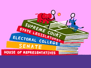 Editorial cartoon of a red elephant and blue donkey playing tennis on a stack of labeled books representing US political institutions including Supreme Court, Senate, and House of Representatives.
