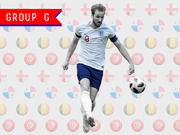 Editorial illustration for World Cup Group G featuring a soccer player in England kit number 9 kicking a ball, with a background of flag-themed soccer balls.