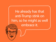 Editorial illustration of a cartoon face with glasses and a speech bubble quoting an anti-Trump political opinion on an orange background.