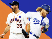 Editorial illustration showing two baseball players, one in a Houston Astros jersey number 35 and one in a Los Angeles Dodgers jersey, against an orange and blue diagonal background.