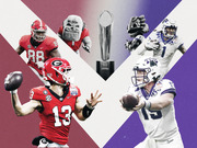Editorial illustration showing Georgia Bulldogs vs TCU Horned Frogs players and mascots flanking the College Football Playoff National Championship trophy.