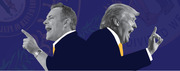 Editorial illustration showing two men in suits pointing fingers back-to-back against a purple Kentucky state seal background.