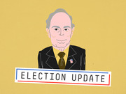 Editorial cartoon illustration of a gray-haired man in a suit with an American flag pin, overlaid with an Election Update banner on a yellow background.
