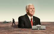 Editorial illustration showing Mike Pence smiling large in a desert landscape with a small figure walking toward Marine One helicopter and a miniature White House nearby.