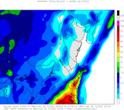 CMC-GDPS weather model map showing snow accumulation in water equivalent millimeters along the US East Coast from January 20-25, 2016.