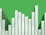 Stylized editorial illustration of books standing upright at varying heights against a green diagonal-striped background, with no text or data.