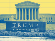 Stylized editorial composite image combining a Trump International Hotel sign in the foreground with the U.S. Supreme Court building in the background, rendered in blue and yellow tones.