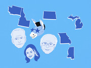Editorial illustration showing caricatures of Democratic presidential candidates Biden, Sanders, and a woman alongside a Democratic donkey and silhouettes of US states.