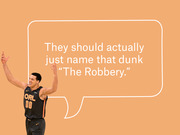 Editorial illustration of an Orlando Magic player number 00 with a speech bubble quoting 'They should actually just name that dunk "The Robbery."'